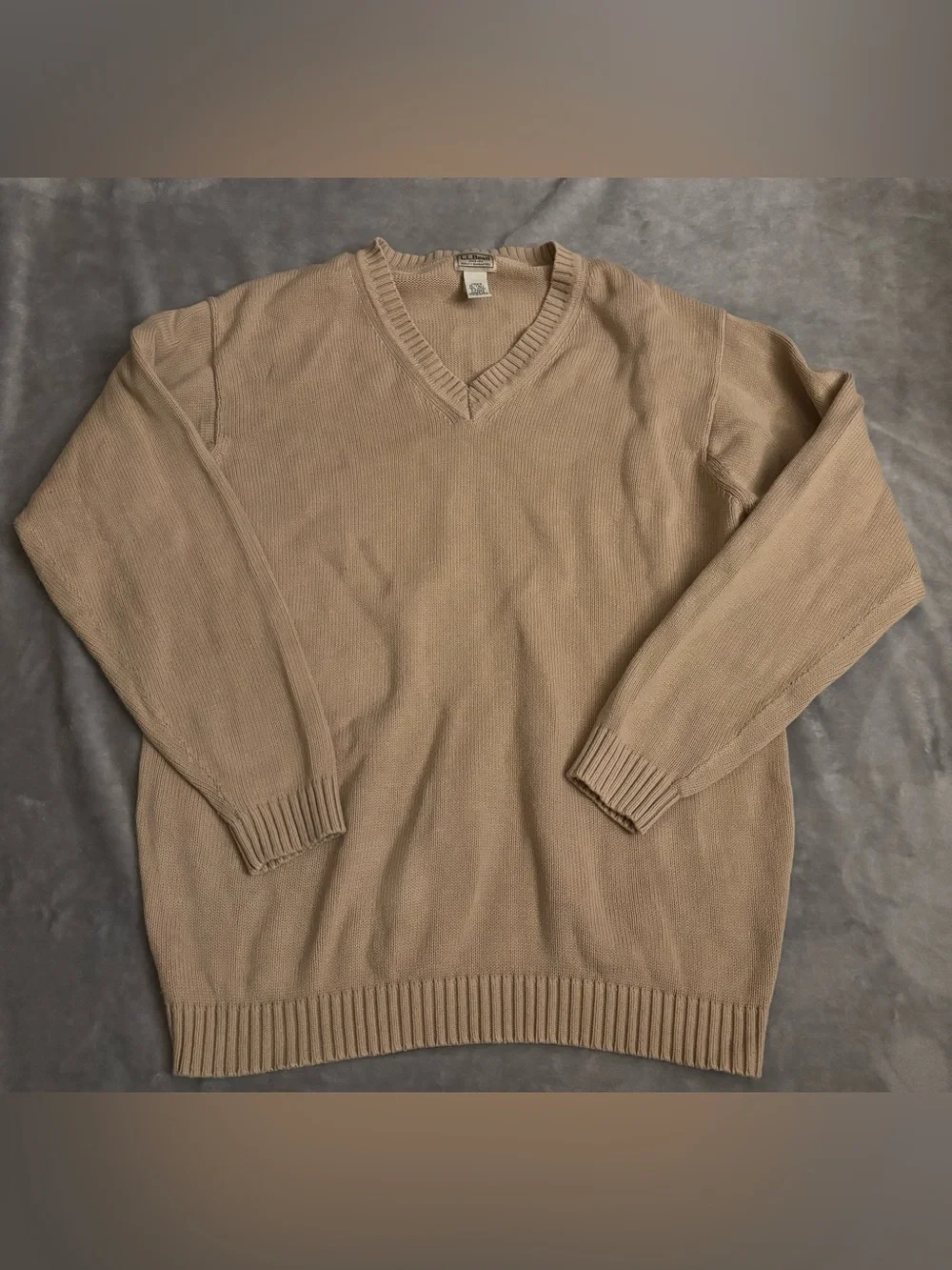 L.L.Bean Cotton V-Neck Solid Knit Pullover Sweater Beige/XL Tall